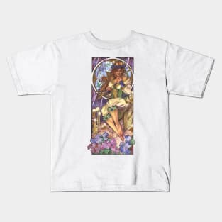 Lady of February Art Nouveau Birthstone and Birth Flower Mucha Inspired Goddess Art with Violets and Candles Kids T-Shirt